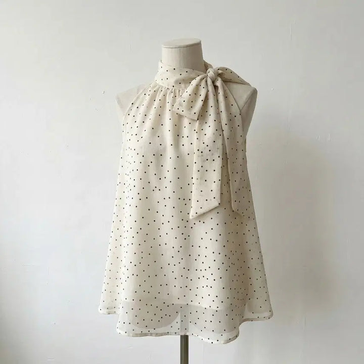 [BUNJANG] White Dot Ribbon Halter Neck Chiffon Blouse / 당일발송) 새상품 화이트 도트 리본 홀터넥 쉬폰 블라우스