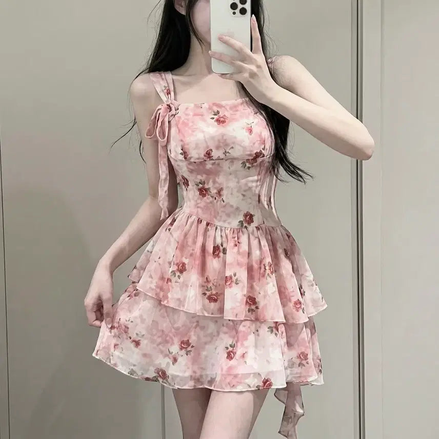 [BUNJANG] Pink Floral Frill Ribbon Mini Dress / 당일발송) 새상품 핑크 플라워 프릴 리본 나시 미니원피스