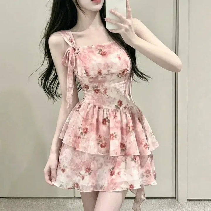 [BUNJANG] Pink Floral Frill Ribbon Mini Dress / 당일발송) 새상품 핑크 플라워 프릴 리본 나시 미니원피스