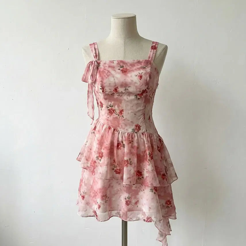 [BUNJANG] Pink Floral Frill Ribbon Mini Dress / 당일발송) 새상품 핑크 플라워 프릴 리본 나시 미니원피스