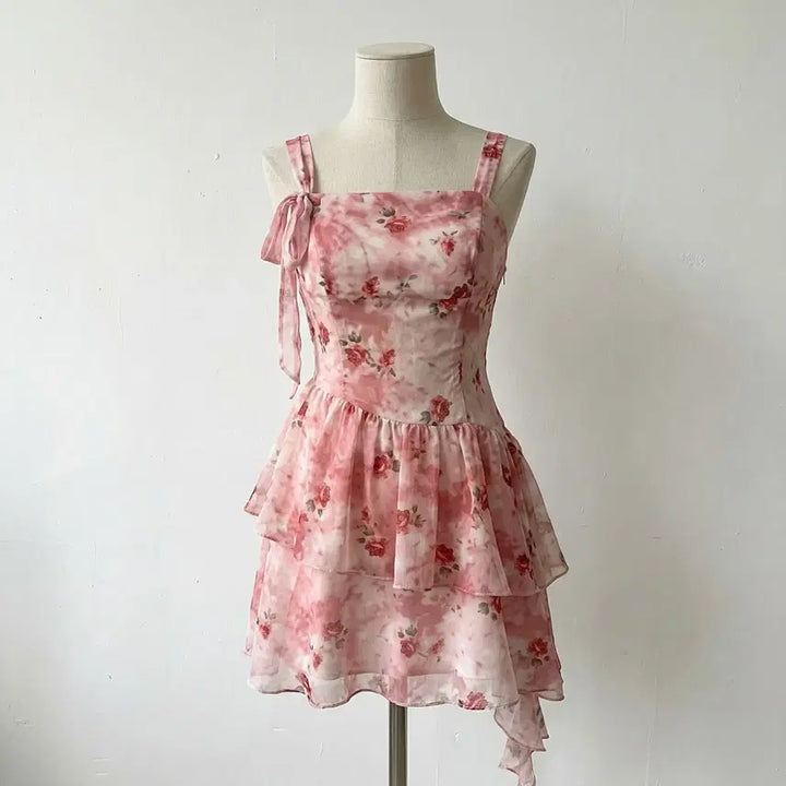 [BUNJANG] Pink Floral Frill Ribbon Mini Dress / 당일발송) 새상품 핑크 플라워 프릴 리본 나시 미니원피스