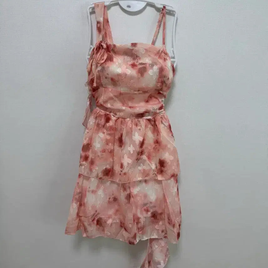 [BUNJANG] Pink Floral Frill Ribbon Mini Dress / 당일발송) 새상품 핑크 플라워 프릴 리본 나시 미니원피스