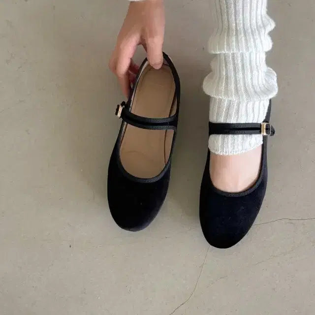 [BUNJANG] Black Velvet Mary Jane Flat Shoes / 블랙 키높이메리제인 플랫 슈즈