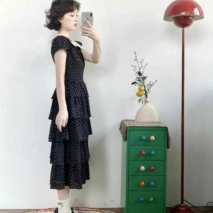 [BUNJANG] Hifiebe Dot Ruffle Dress / 히피베 도트 캉캉 원피스(리본 넥카라)