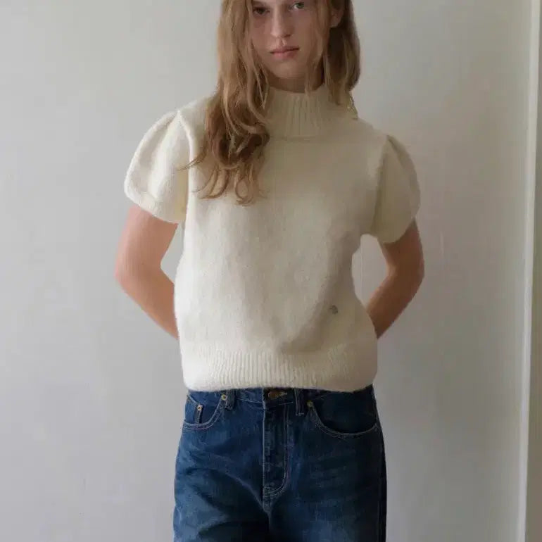 [BUNJANG] Somewhere Butter Puff Sleeve Knit Top / 썸웨어버터 퍼프 반팔 니트