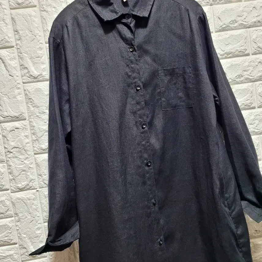 [BUNJANG] Black Cotton Linen Blend Long Shirt Dress / 블랙 셔츠형 면.마 롱 원피스