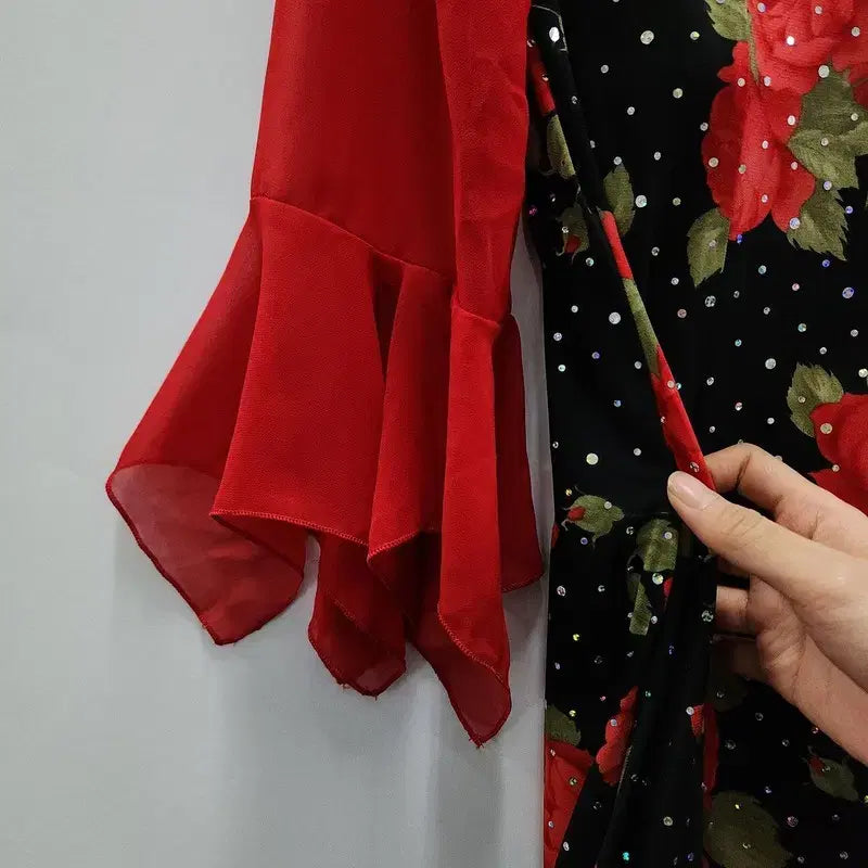 [BUNJANG] Vintage Avant-Garde Beaded Maxi Flower Red Dress / 빈티지 아방가르드 맥시멀 비즈 플라워 레드 원피스