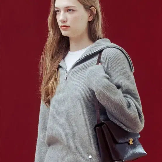 [BUNJANG] Woohee Sera Big Collar Full Zip-up Knit Gray / 새상품) 우이 세라 빅카라 풀집업 니트 그레이