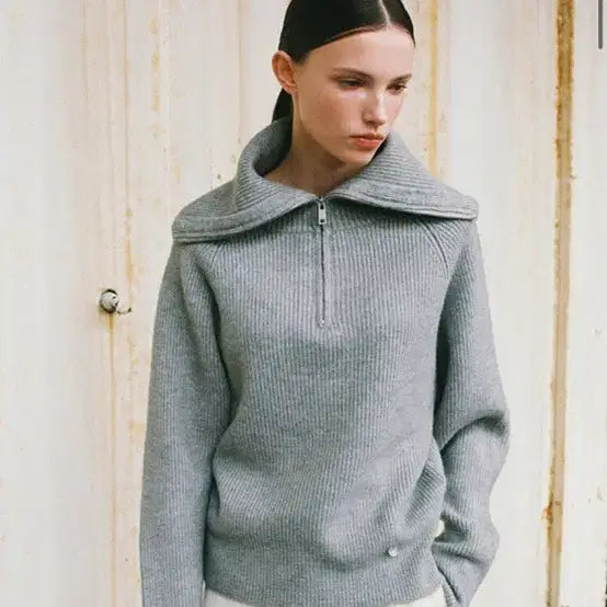 [BUNJANG] Woohee Sera Big Collar Full Zip-up Knit Gray / 새상품) 우이 세라 빅카라 풀집업 니트 그레이