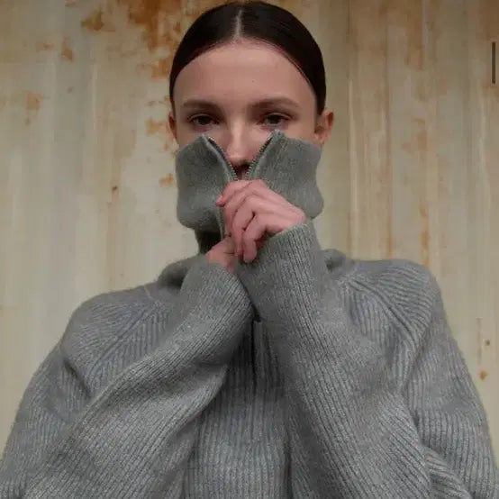 [BUNJANG] Woohee Sera Big Collar Full Zip-up Knit Gray / 새상품) 우이 세라 빅카라 풀집업 니트 그레이