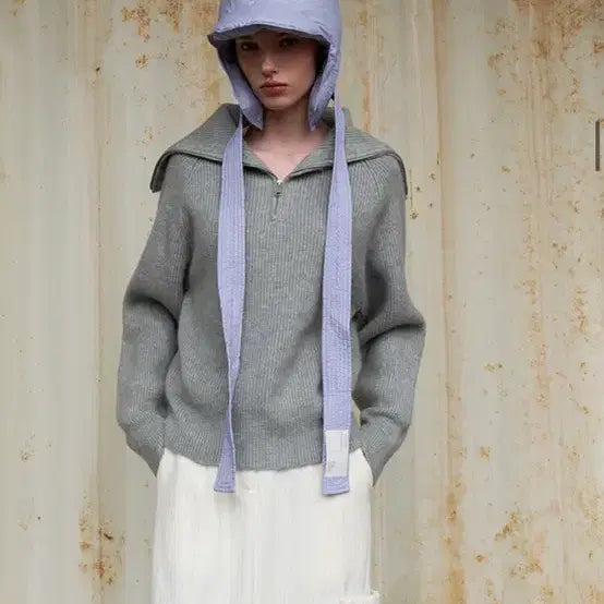 [BUNJANG] Woohee Sera Big Collar Full Zip-up Knit Gray / 새상품) 우이 세라 빅카라 풀집업 니트 그레이