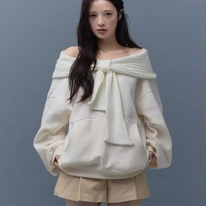 [BUNJANG] thetis Ribbon Hooded Sweatshirt Ivory / 더티스 thetis 리본 후드 아이보리 기모ver