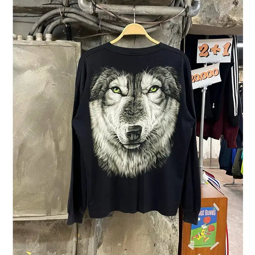 [BUNJANG] Vintage Wolf Print Long Sleeve T-shirt (Black, XL) / 빈티지 울프 프린팅 긴팔티 블랙 XL 