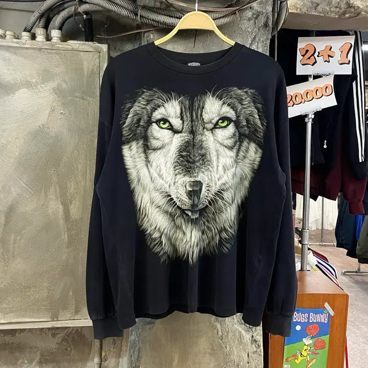 [BUNJANG] Vintage Wolf Print Long Sleeve T-shirt (Black, XL) / 빈티지 울프 프린팅 긴팔티 블랙 XL 