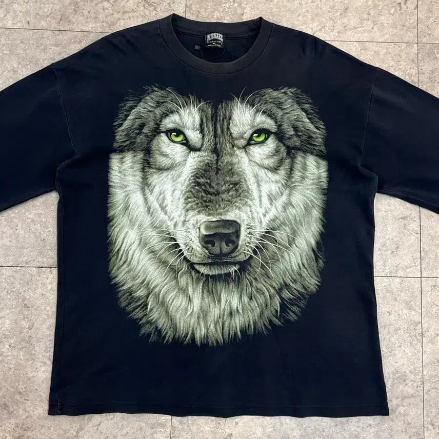 [BUNJANG] Vintage Wolf Print Long Sleeve T-shirt (Black, XL) / 빈티지 울프 프린팅 긴팔티 블랙 XL 
