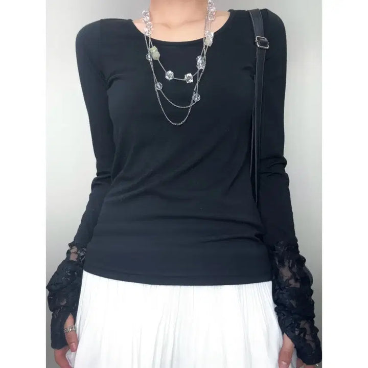 [BUNJANG] INGRID Vintage Black Lace Long Sleeve Top / 일본빈티지 블랙 레이스 워머 롱슬리브 긴팔 이너 티셔츠