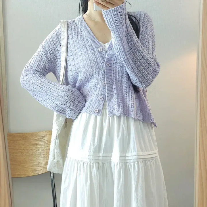 [SOLD OUT] (F)Mymyt 여성 브이넥 가디건 긴팔 그물 라이트퍼플
