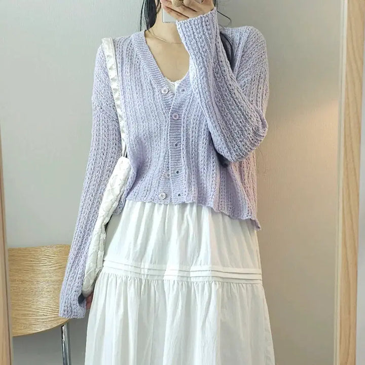 [SOLD OUT] (F)Mymyt 여성 브이넥 가디건 긴팔 그물 라이트퍼플