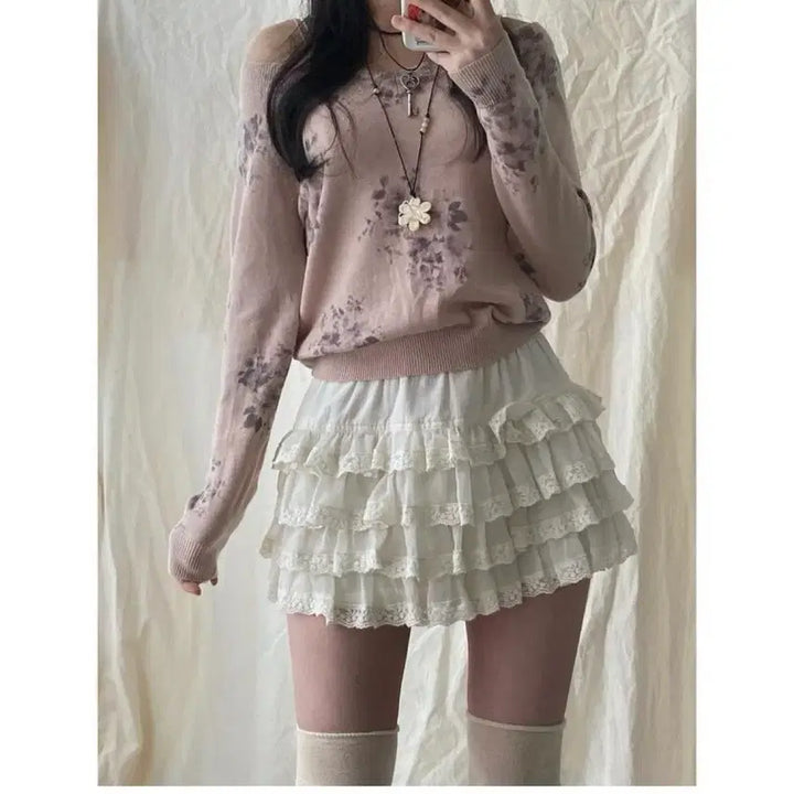 [BUNJANG] Sakata Smock Flower Print Knit Vintage Top / 사카타빈티지 수묵화 니트 일본 빈티지