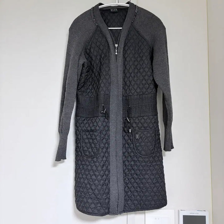 [BUNJANG] ELLE Quilted Long Cardigan Charcoal Gray / ELLE 엘르 퀼팅 롱 가디건 차콜그레이