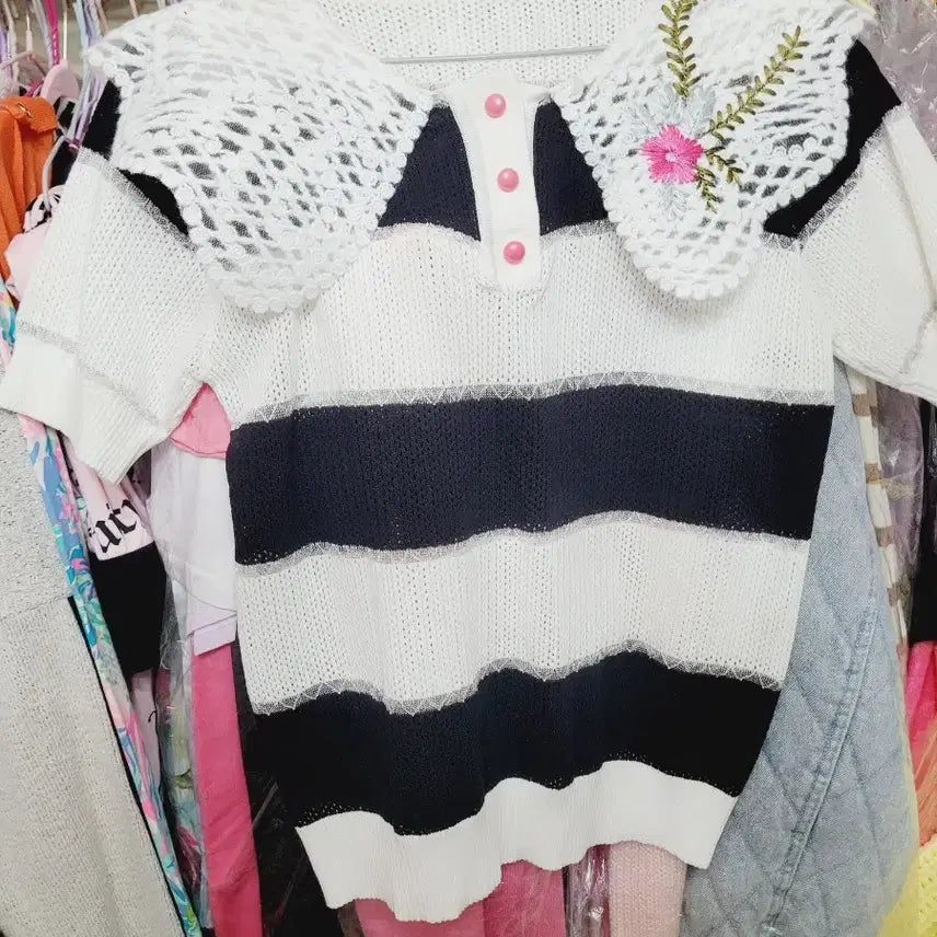 [BUNJANG] Imported Lace Collar Short Sleeve Knit Top / 레이스 카라 반팔 니트 수입