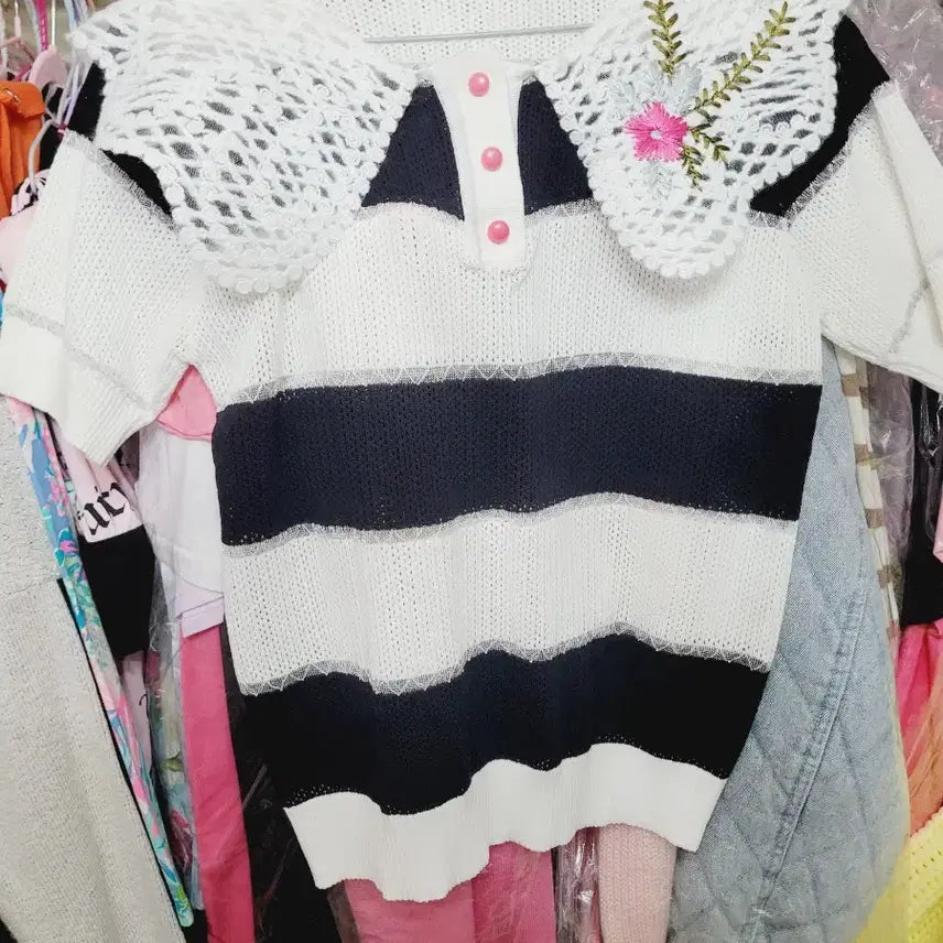 [BUNJANG] Imported Lace Collar Short Sleeve Knit Top / 레이스 카라 반팔 니트 수입