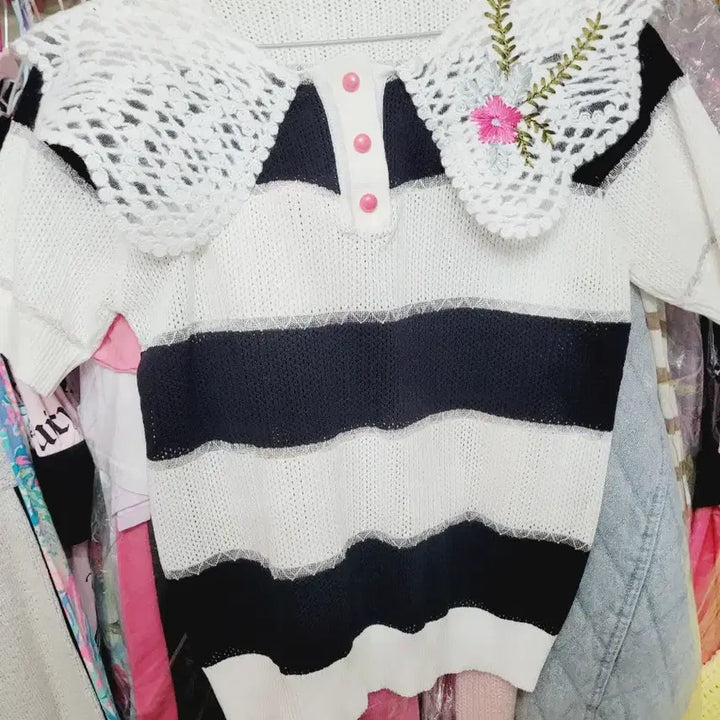 [BUNJANG] Imported Lace Collar Short Sleeve Knit Top / 레이스 카라 반팔 니트 수입