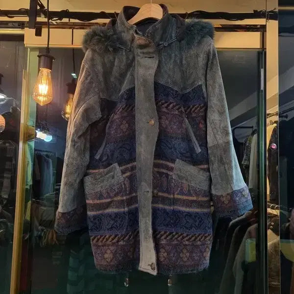 [BUNJANG] Vintage Donpi Suede Blanket Trimmed Coat / 빈티지 돈피 블랭킷 실사이즈 오버핏 77 털 트리밍코트