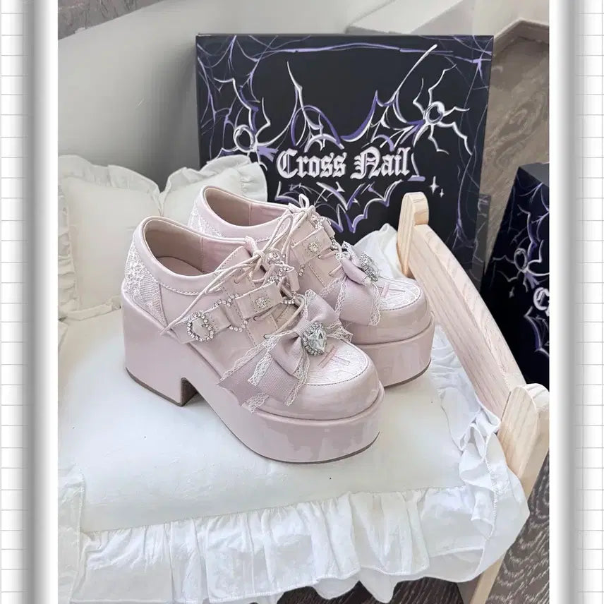 [BUNJANG] Romance Frequency Lace Platform Heels (3 Colors) / 지뢰계 하이힐 플랫폼 슈즈 연애주파수 레이스 리본 로리타 슈즈(3컬러)
