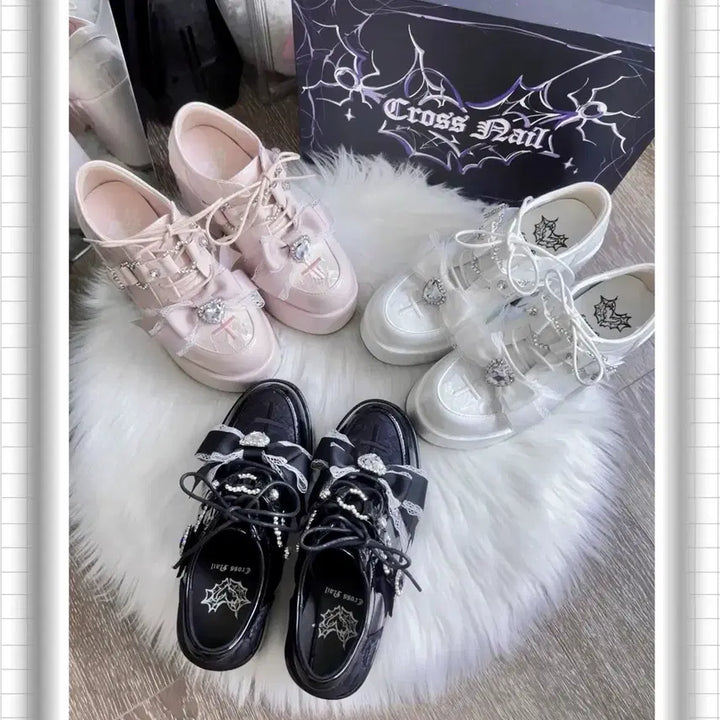 [BUNJANG] Romance Frequency Lace Platform Heels (3 Colors) / 지뢰계 하이힐 플랫폼 슈즈 연애주파수 레이스 리본 로리타 슈즈(3컬러)