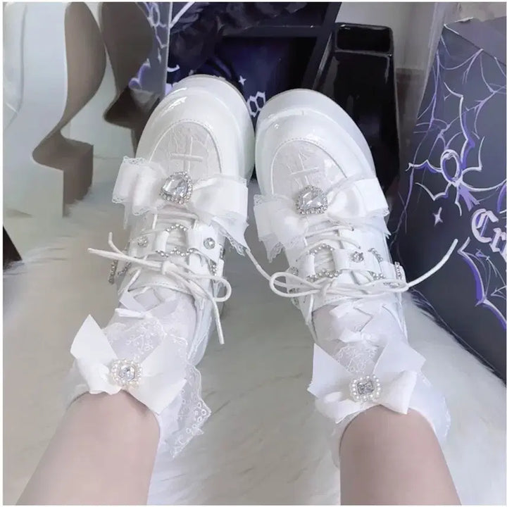 [BUNJANG] Romance Frequency Lace Platform Heels (3 Colors) / 지뢰계 하이힐 플랫폼 슈즈 연애주파수 레이스 리본 로리타 슈즈(3컬러)