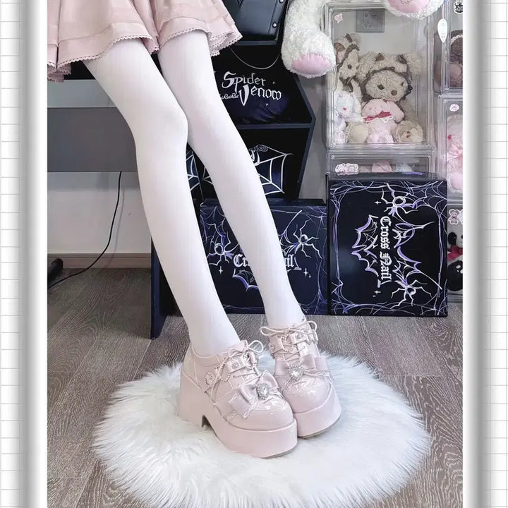 [BUNJANG] Romance Frequency Lace Platform Heels (3 Colors) / 지뢰계 하이힐 플랫폼 슈즈 연애주파수 레이스 리본 로리타 슈즈(3컬러)