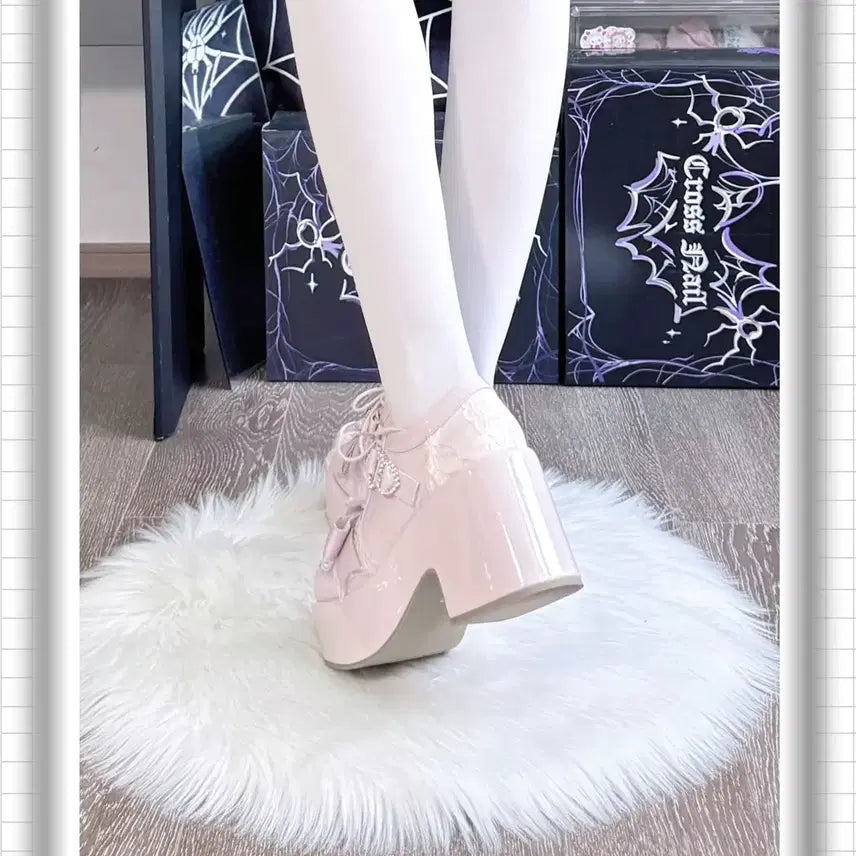 [BUNJANG] Romance Frequency Lace Platform Heels (3 Colors) / 지뢰계 하이힐 플랫폼 슈즈 연애주파수 레이스 리본 로리타 슈즈(3컬러)