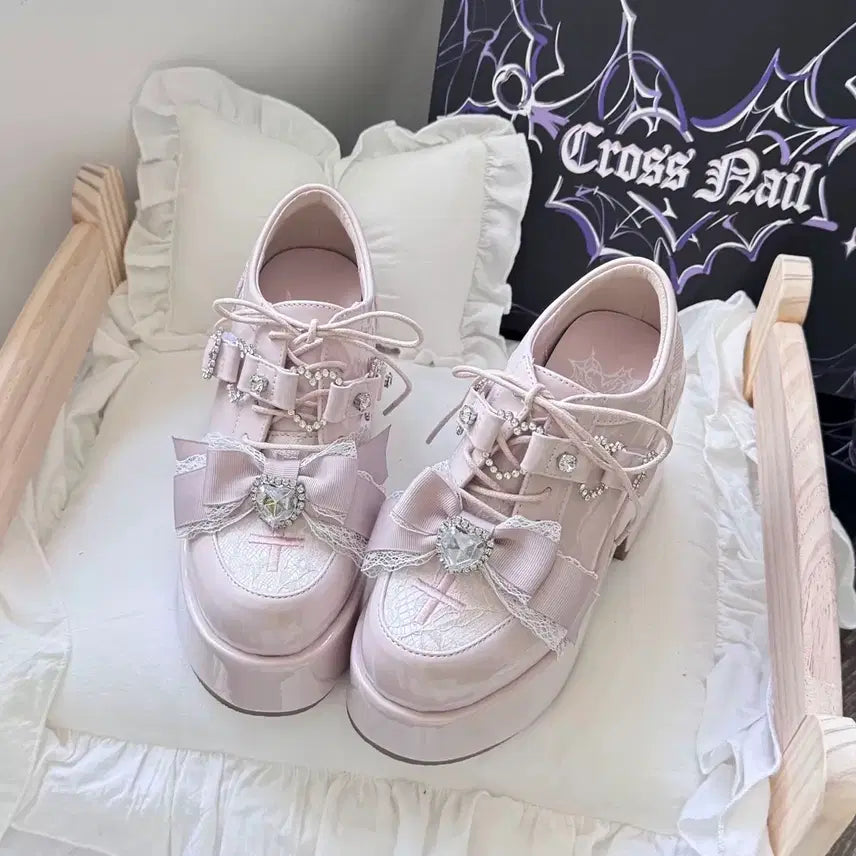 [BUNJANG] Romance Frequency Lace Platform Heels (3 Colors) / 지뢰계 하이힐 플랫폼 슈즈 연애주파수 레이스 리본 로리타 슈즈(3컬러)
