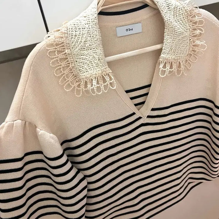 [BUNJANG] OséO2nd Crochet Lace Collar Knit Top / 21 한섬 오즈세컨 뜨개 레이스 크로셰 카라 니트 반팔퍼프스트라이프베이지