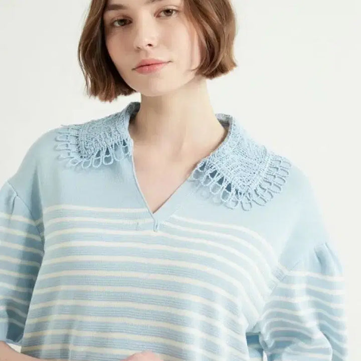 [BUNJANG] OséO2nd Crochet Lace Collar Knit Top / 21 한섬 오즈세컨 뜨개 레이스 크로셰 카라 니트 반팔퍼프스트라이프베이지