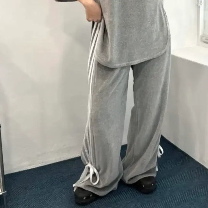 [BUNJANG] Pink Ribbon Wide Velour Velvet Pants / 핑크 리본 트랙 벨로아 벨벳 빅사이즈 와이드 팬츠 무배.