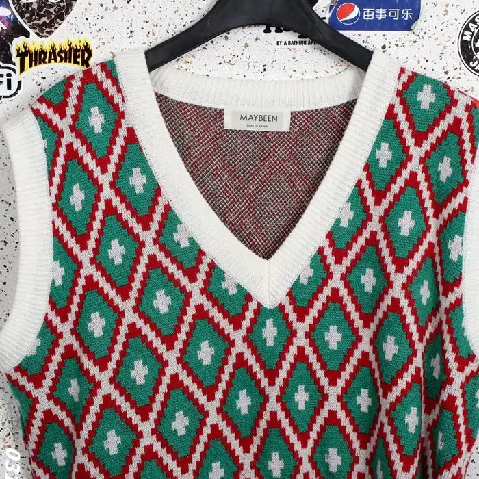 [BUNJANG] Mayvin Diamond Pattern V-neck Knit Vest / 여성66 / 메이빈 국산 다이아패턴 브이넥니트조끼WT 9-33
