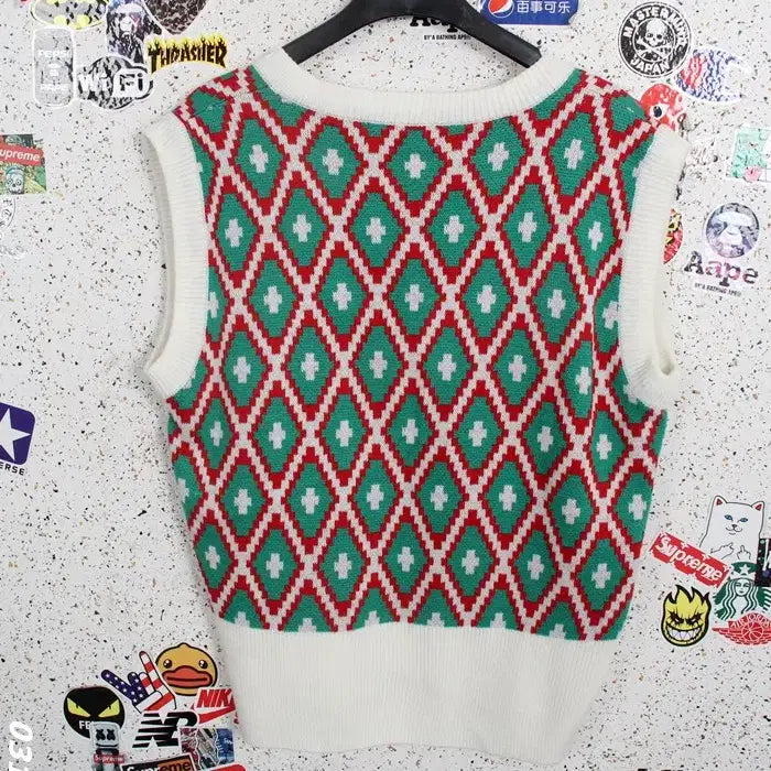 [BUNJANG] Mayvin Diamond Pattern V-neck Knit Vest / 여성66 / 메이빈 국산 다이아패턴 브이넥니트조끼WT 9-33