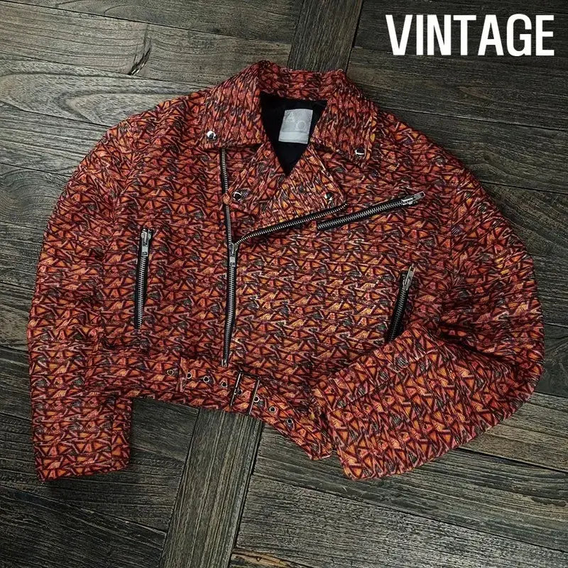 [BUNJANG] Vintage Vegan Leather Multi-Pattern Crop Rider Jacket / 빈티지 비건 레더 멀티 패턴 사선 크롭 라이더 자켓 M19450