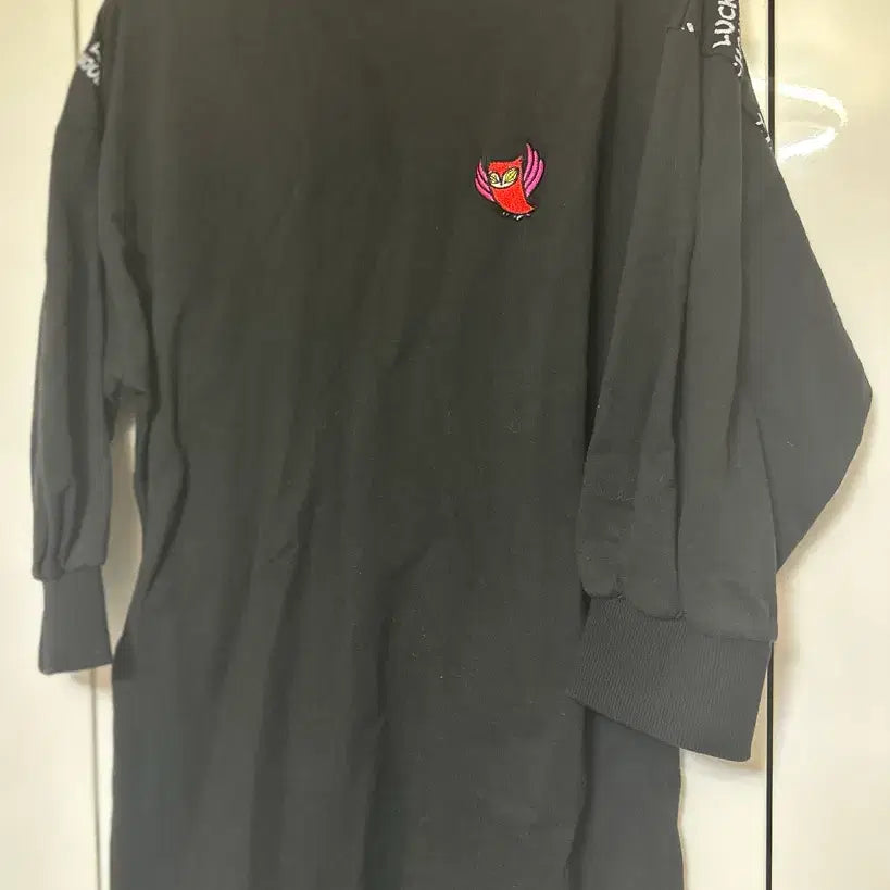 [BUNJANG] Lucky Chouette Owl Embroidered 7/10 Sleeve Dress / 럭키슈에뜨 블랙 7부 소매 원피스 부엉이 자수
