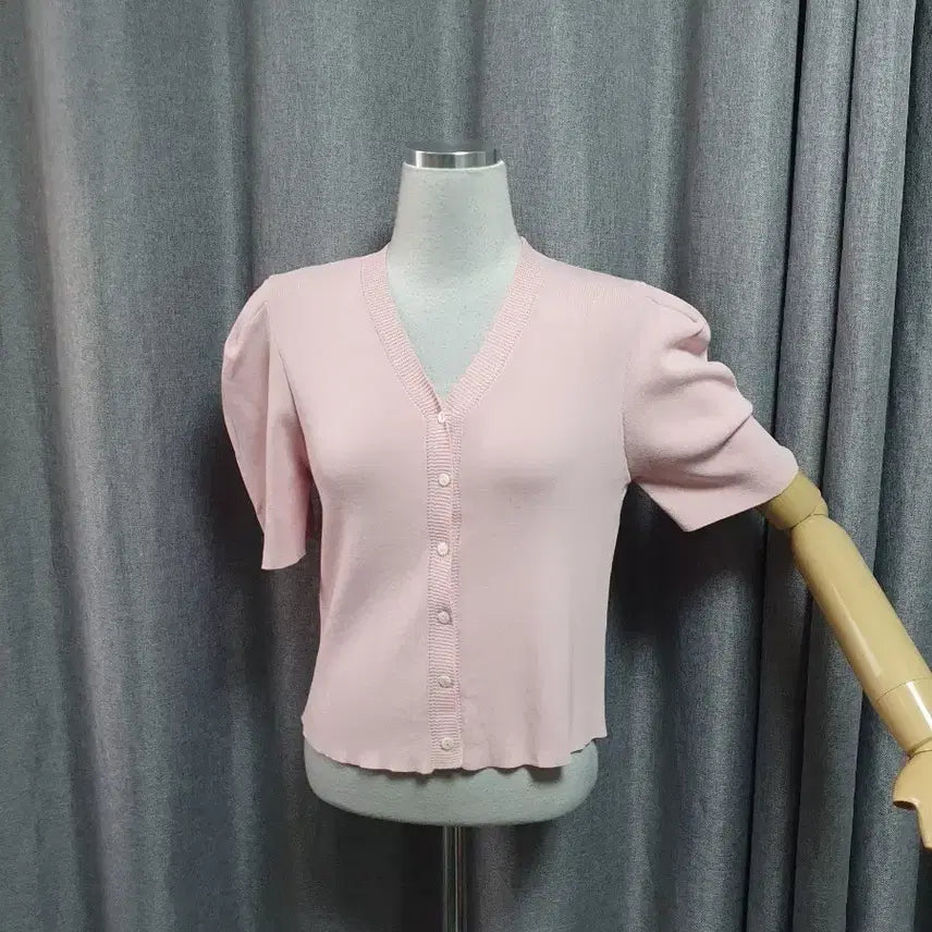 [BUNJANG] Pink Puff Sleeve Spring Knit Cardigan / 핑크 퍼프 봄니트가디건