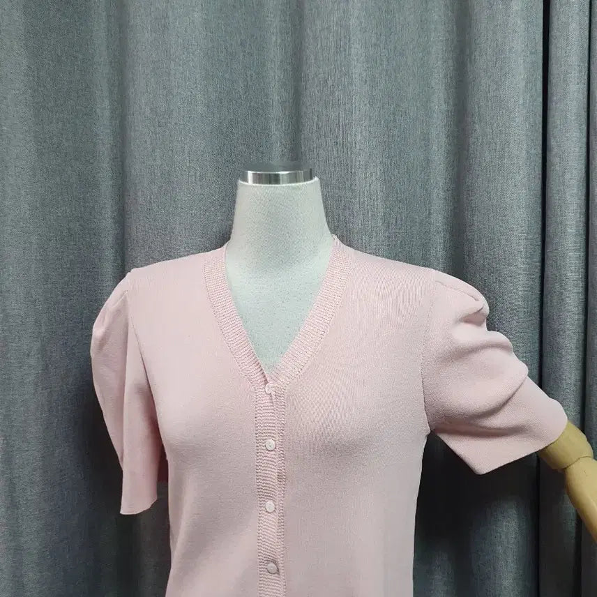 [BUNJANG] Pink Puff Sleeve Spring Knit Cardigan / 핑크 퍼프 봄니트가디건