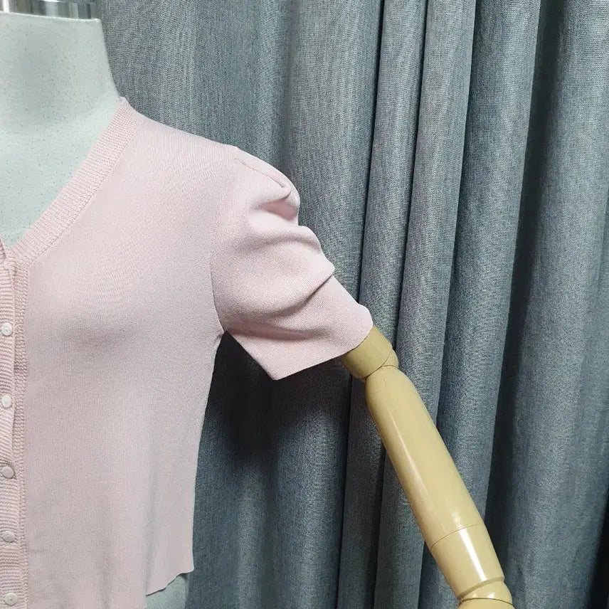 [BUNJANG] Pink Puff Sleeve Spring Knit Cardigan / 핑크 퍼프 봄니트가디건