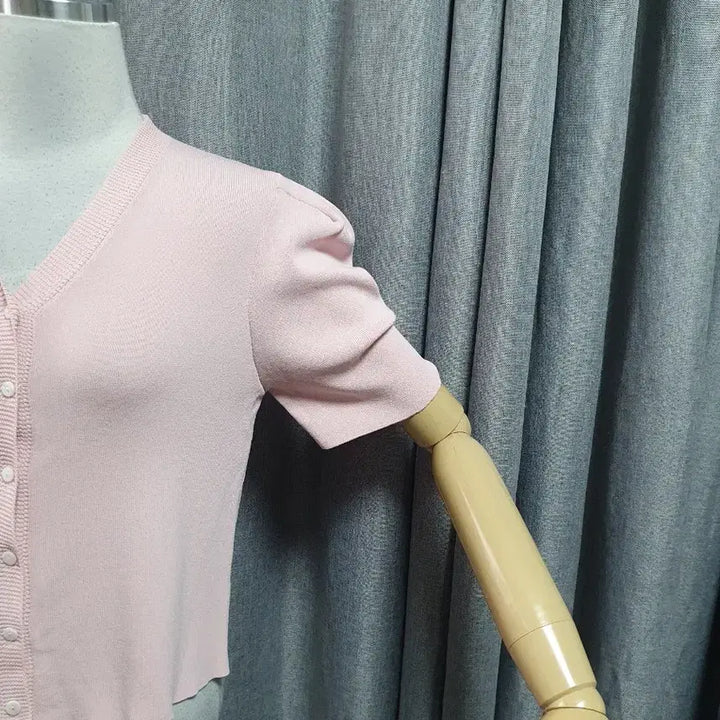 [BUNJANG] Pink Puff Sleeve Spring Knit Cardigan / 핑크 퍼프 봄니트가디건