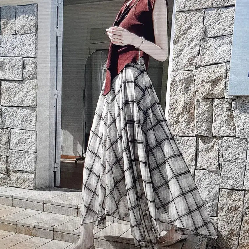 [BUNJANG] Checkered Long Flare Skirt / (해외배송)체크 롱 스커트 플레어 스커트