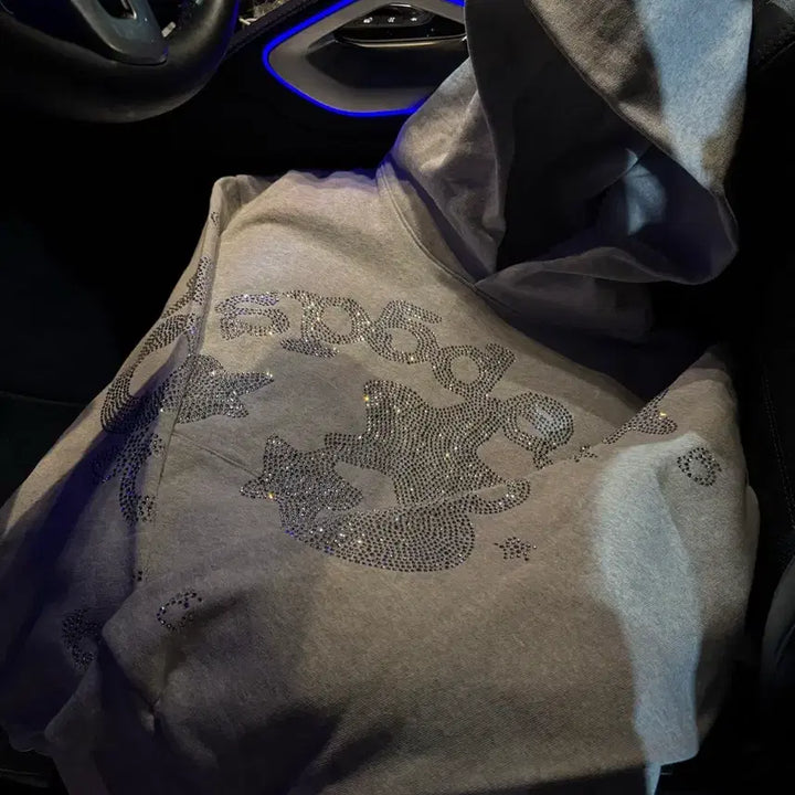 [BUNJANG] Sp5der Rhinestone Beluga Hoodie Heather Gray / Sp5der 스파이더 라인스톤 벨루가 후드 헤더 그레이