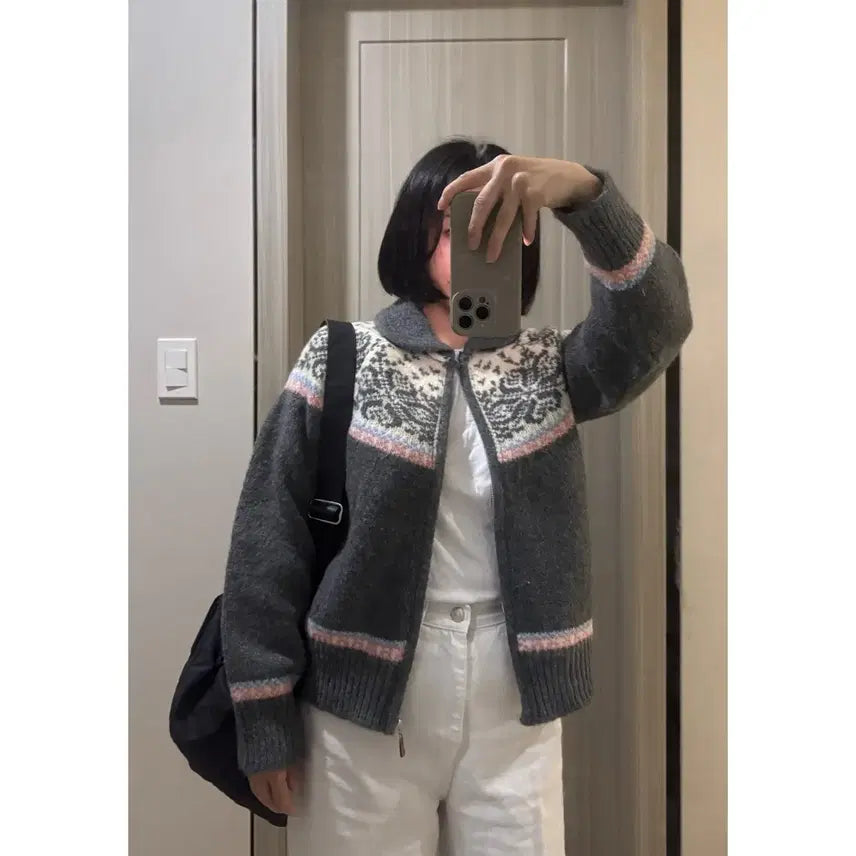 [BUNJANG] Nordic Pattern Wool Knit Cardigan Gray / 노르딕 패턴 울 니트 가디건 그레이