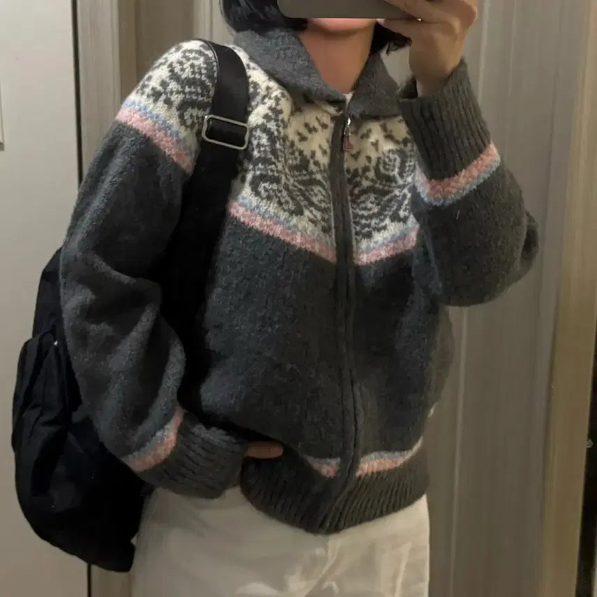 [BUNJANG] Nordic Pattern Wool Knit Cardigan Gray / 노르딕 패턴 울 니트 가디건 그레이