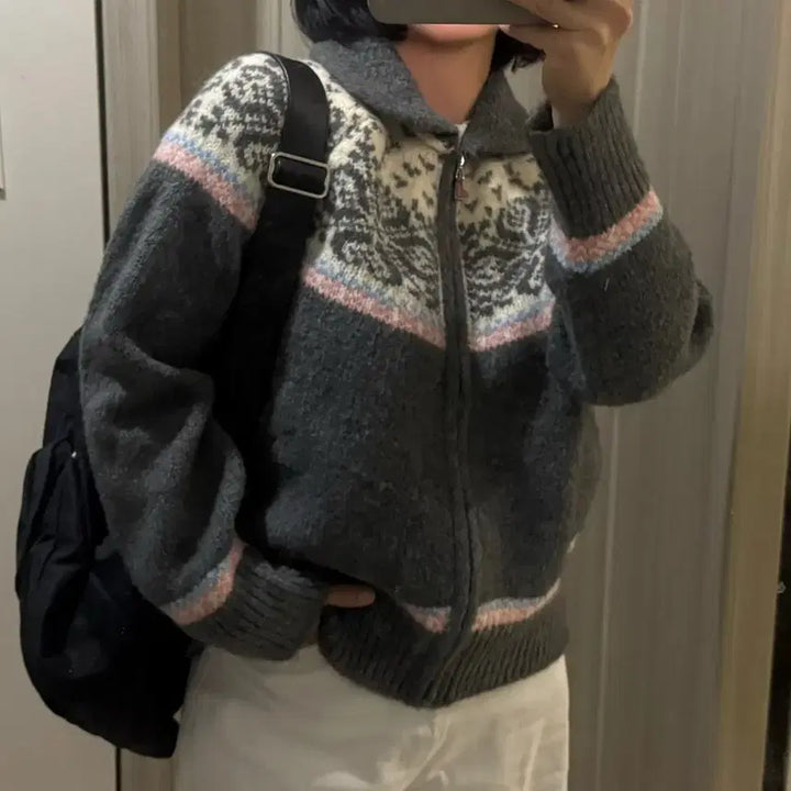 [BUNJANG] Nordic Pattern Wool Knit Cardigan Gray / 노르딕 패턴 울 니트 가디건 그레이